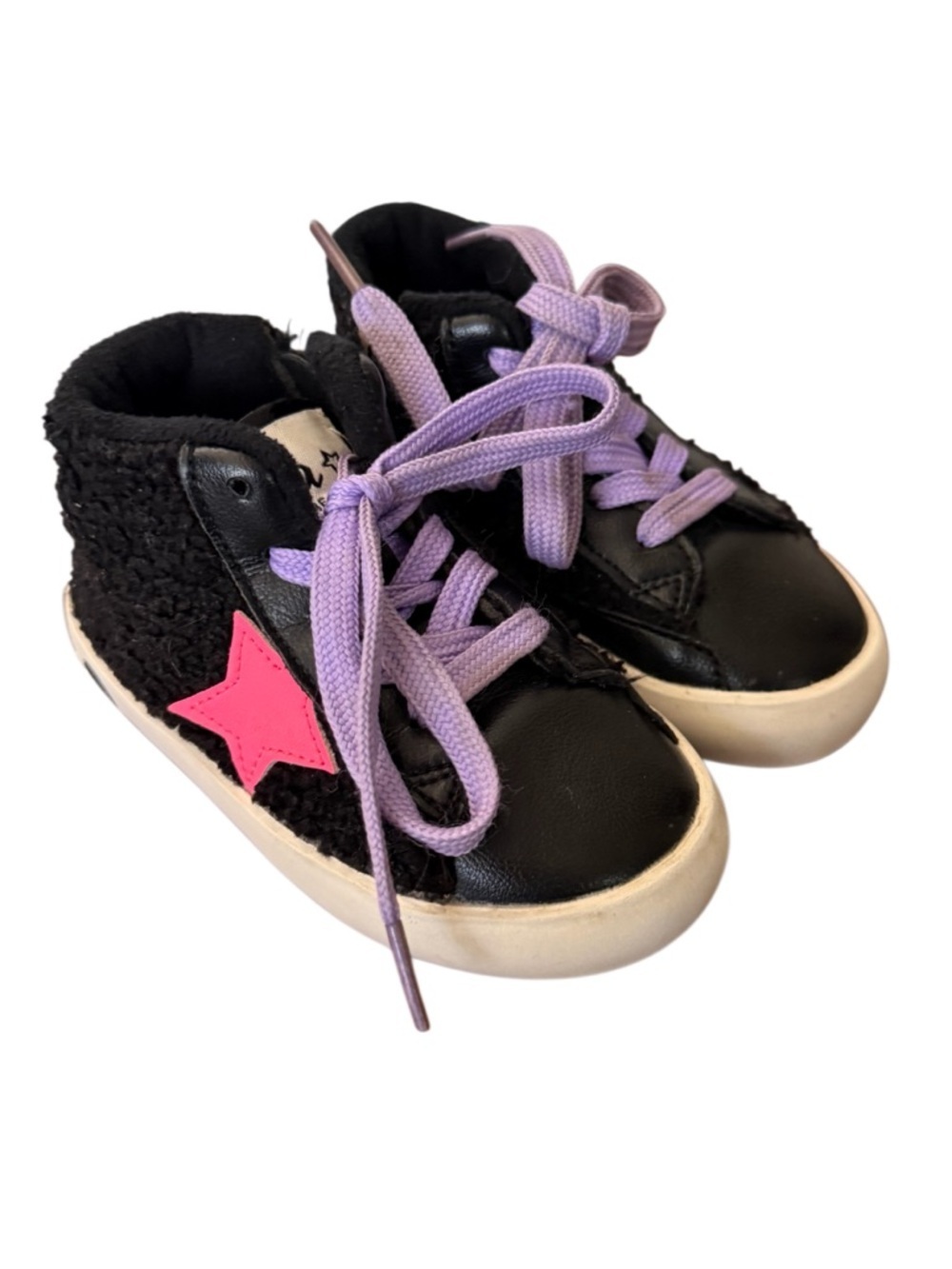 Lola + the Boys Black Sherpa High-Top Sneakers w Pink Star -Size 6